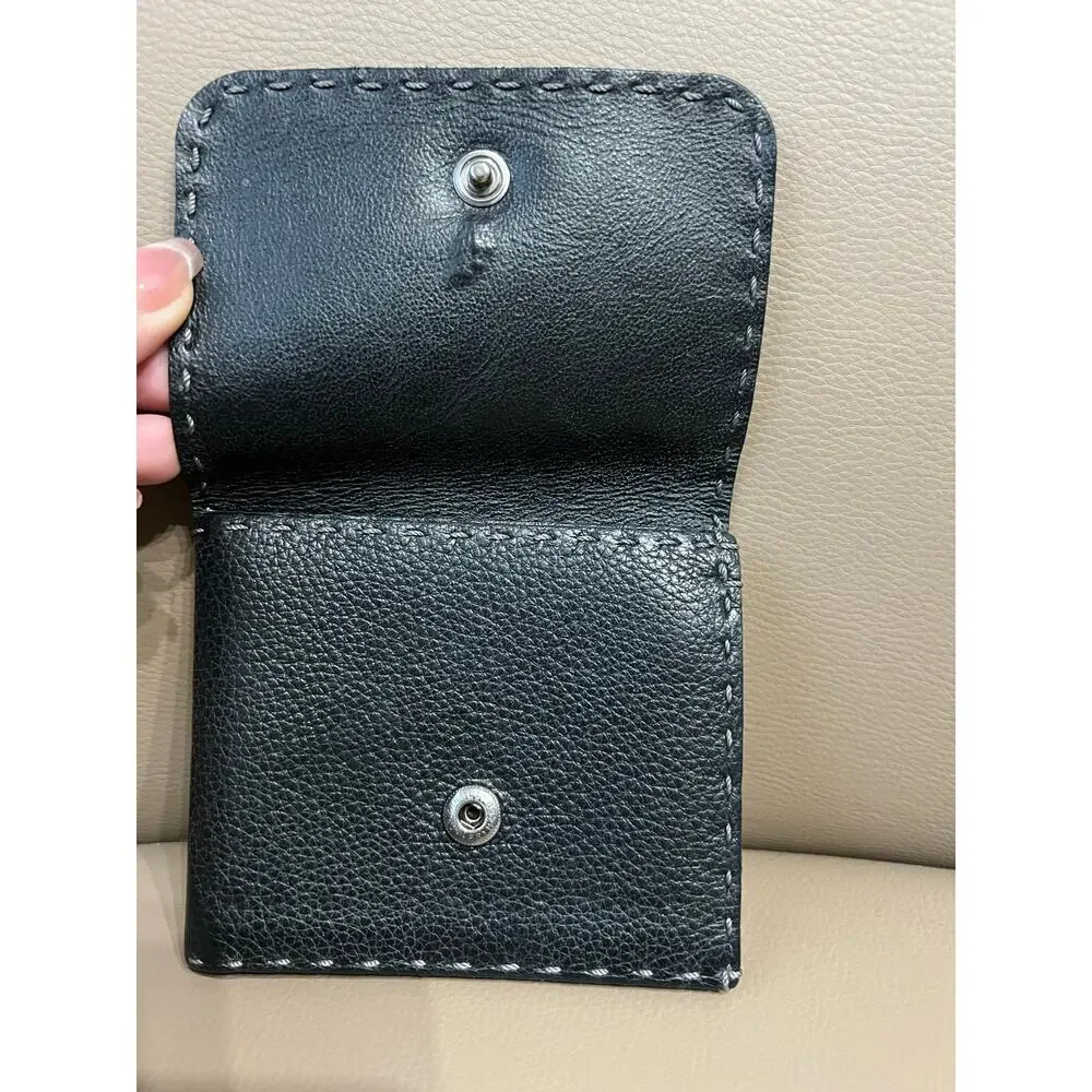 Henry Beguelin Leather BiFold Wallet Snap Fold Black Zipper Stitching Pebbled